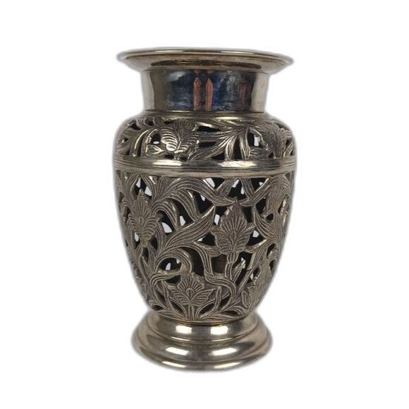 Heavy Metal Vase Stainless Steel Decorative Flower Vase 8 In Intricate Metalwork - Picture 1 of 7